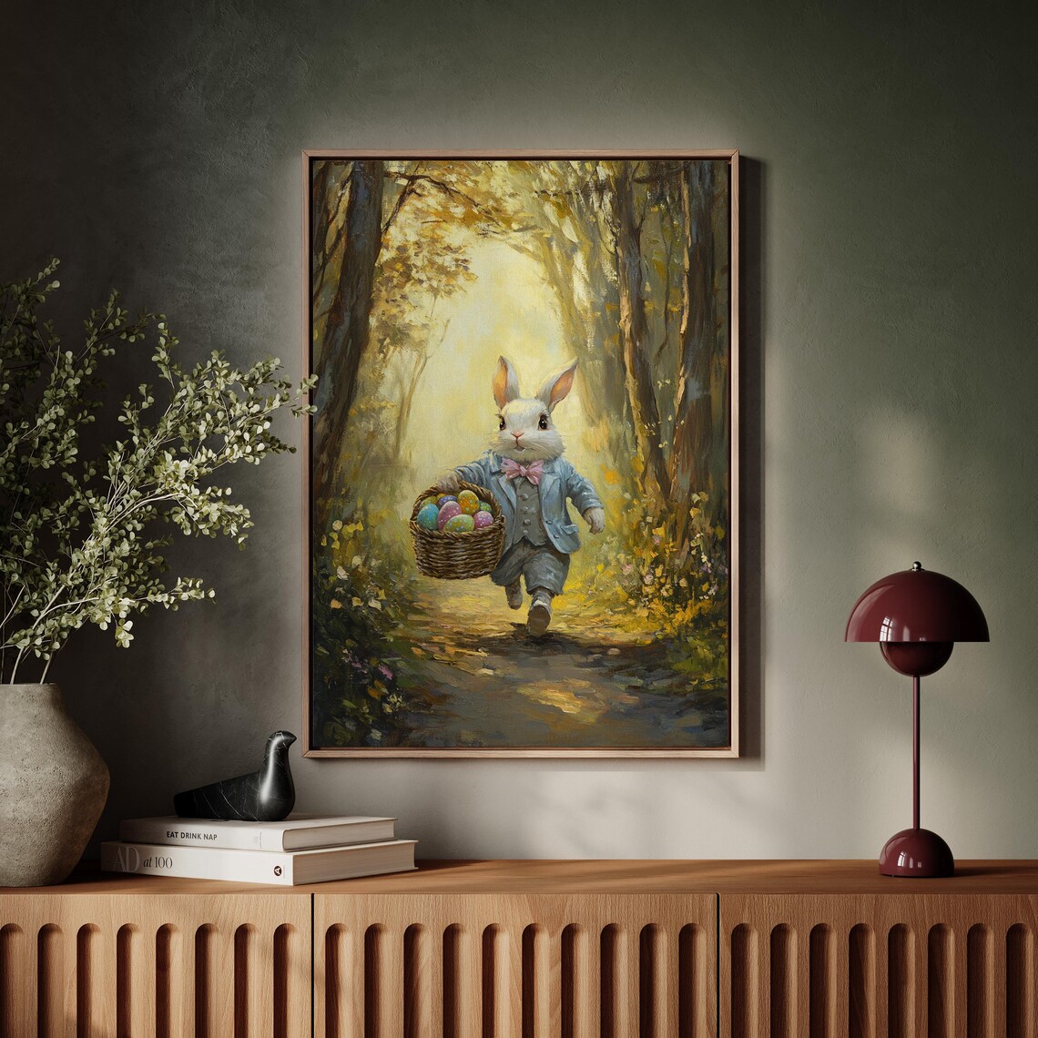 Easter Bunny With Egg Basket, Rustic Spring Art Print