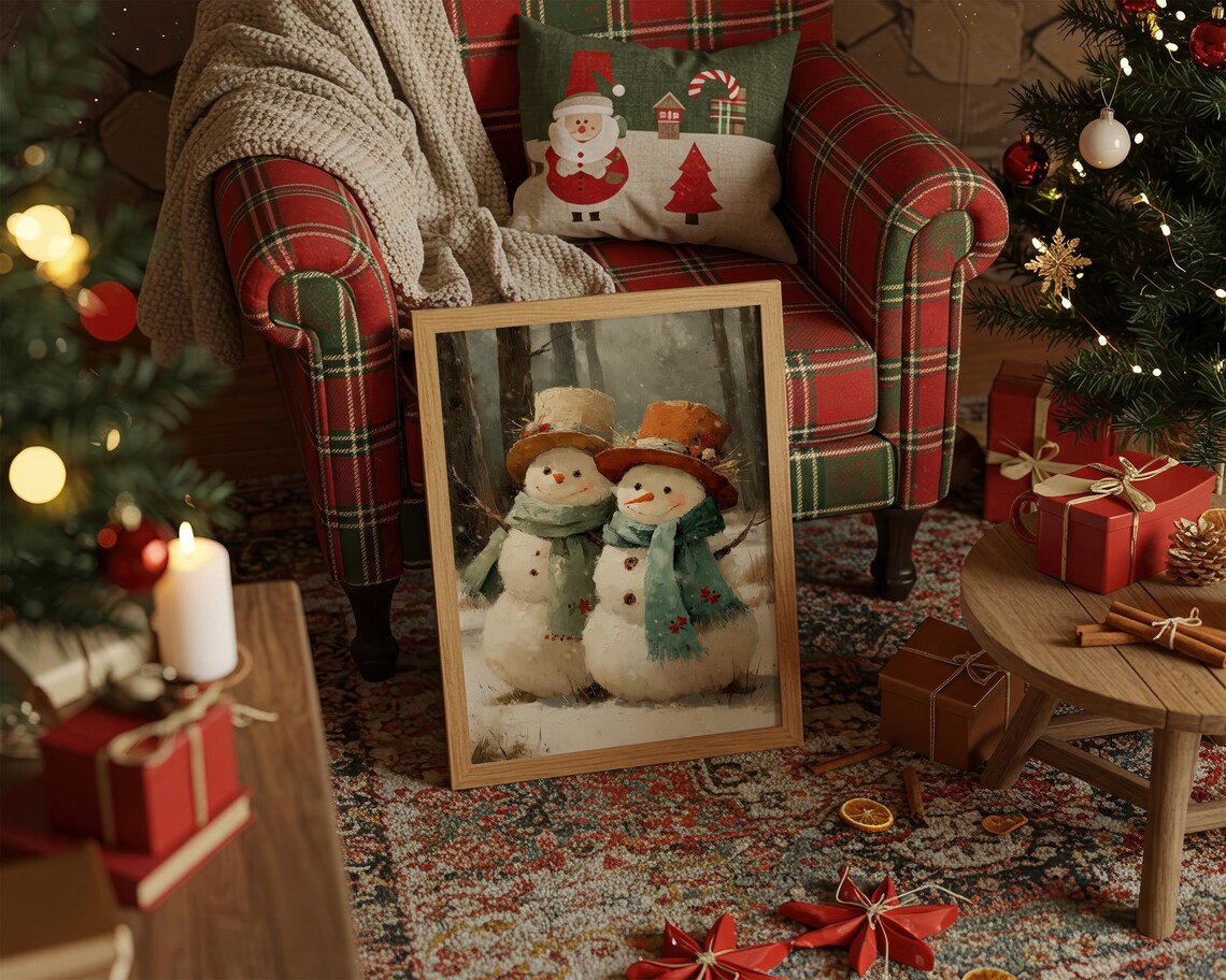 Whimsical Snowman Pair Poster Winter Forest Cozy Holiday Art Decor
