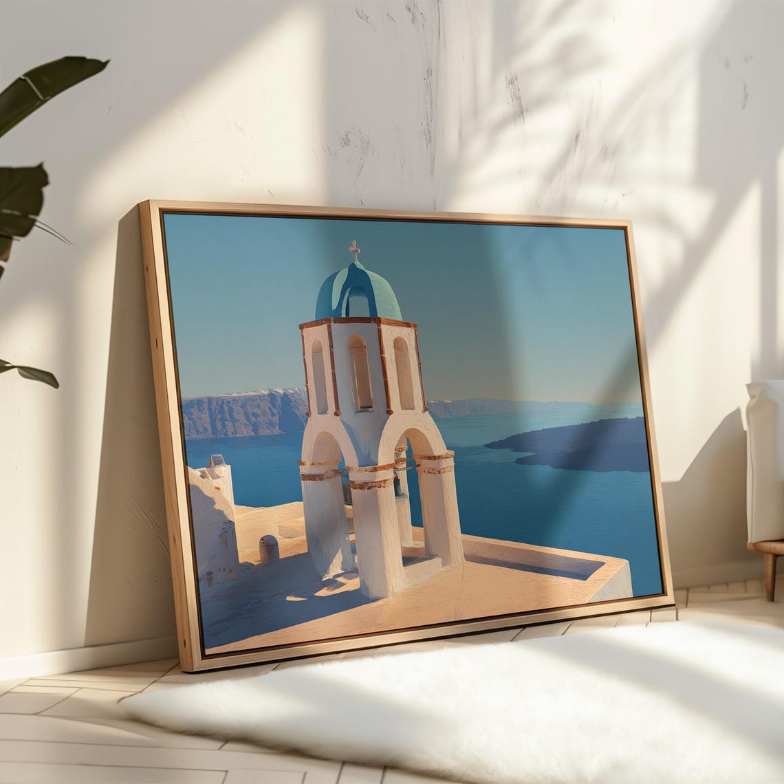 Santorini Blue Dome Bell Tower Overlooking The Aegean Sea Poster