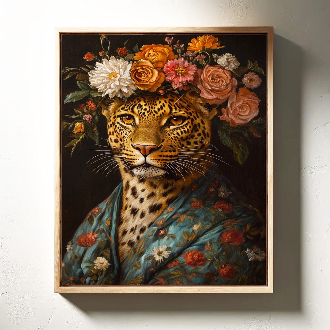 Leopard Floral Crown Teal Robe Vibrant Blooms Boho Portrait Poster - Image 6