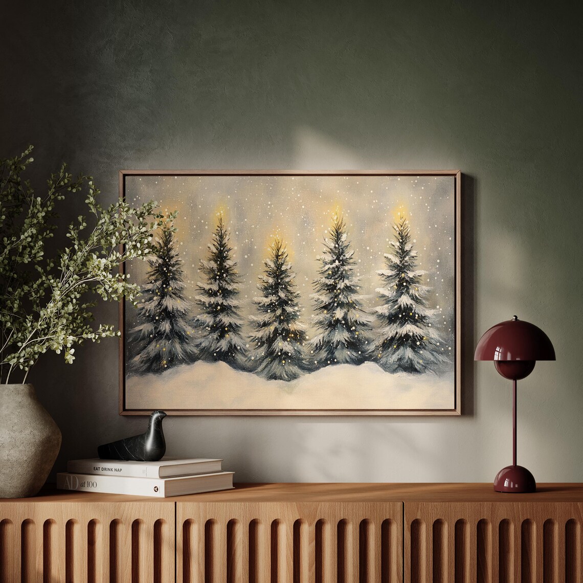 Five Snowy Christmas Trees With Glowing Golden Tops In Falling Snow Winter Poster