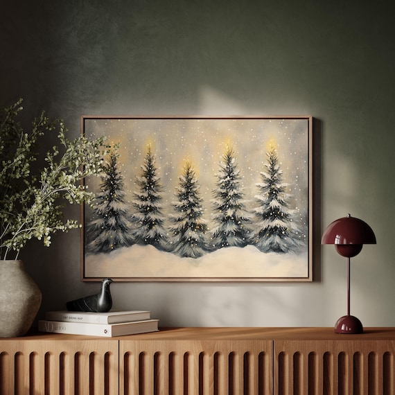 Five Snowy Christmas Trees With Glowing Golden Tops In Falling Snow Winter Poster