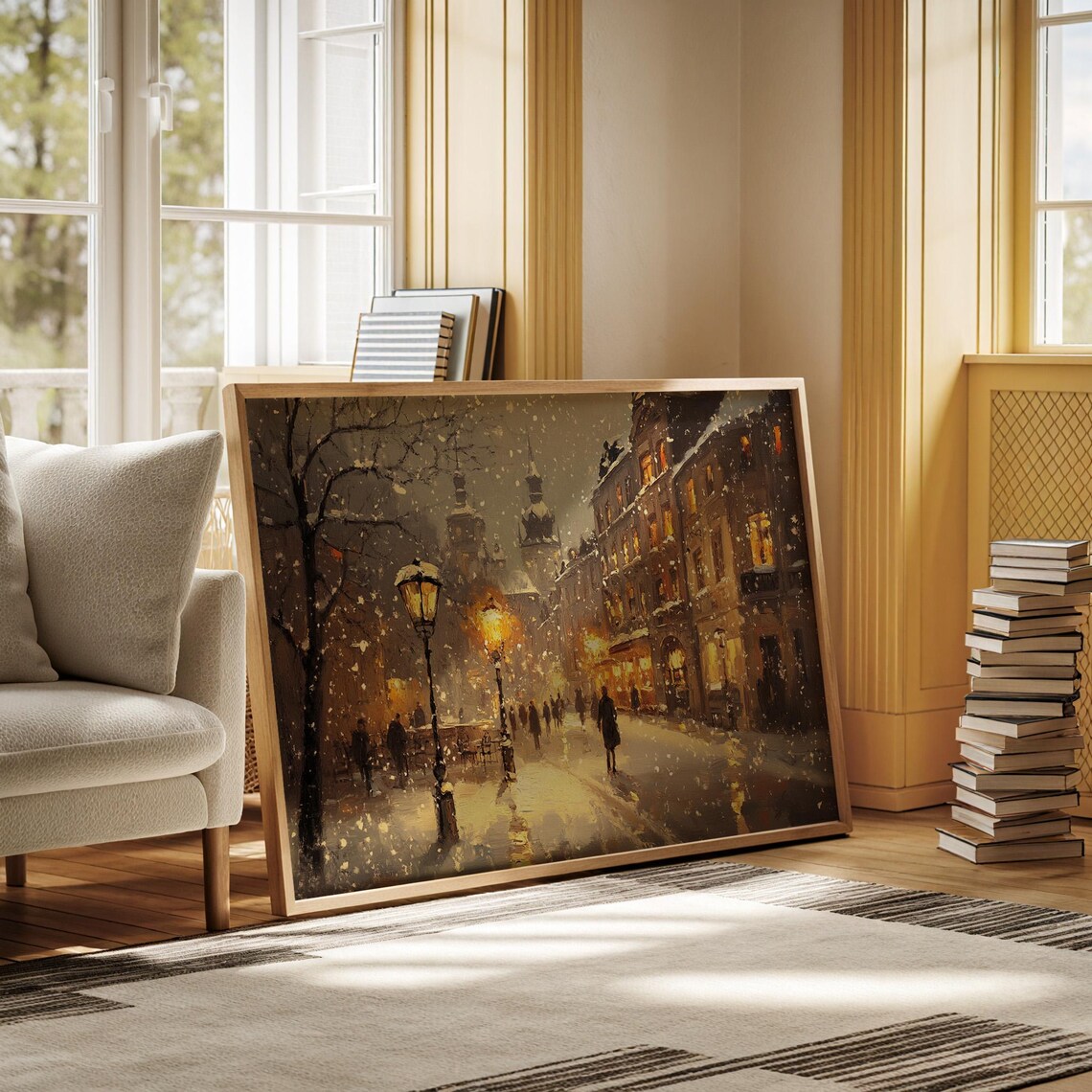 Snowy Evening City Street Lamps Old Town Winter Night Poster - Image 5