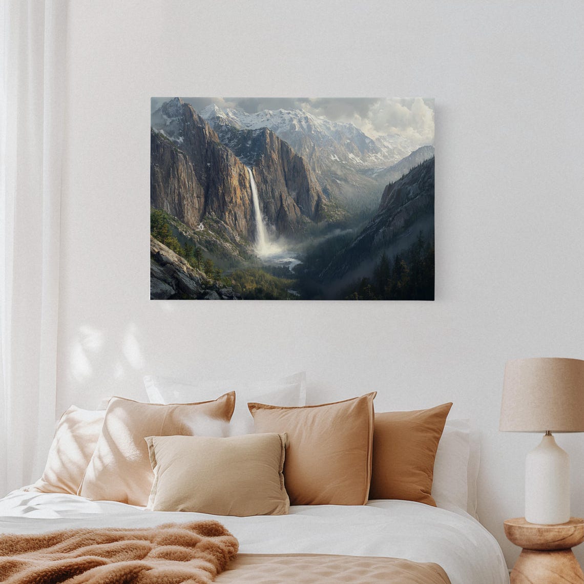 Snowy Mountain Waterfall In Misty Valley Nature Painting Poster - Image 4