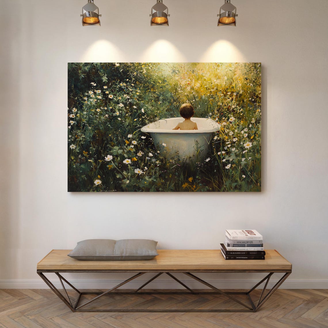 Boy Bathtub Garden Daisies Sunlit Whimsical Vintage Nature Art Poster - Image 4