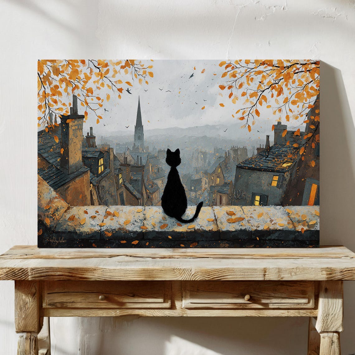 Black Cat on Autumn Rooftop Overlooking Old Town Skyline Poster