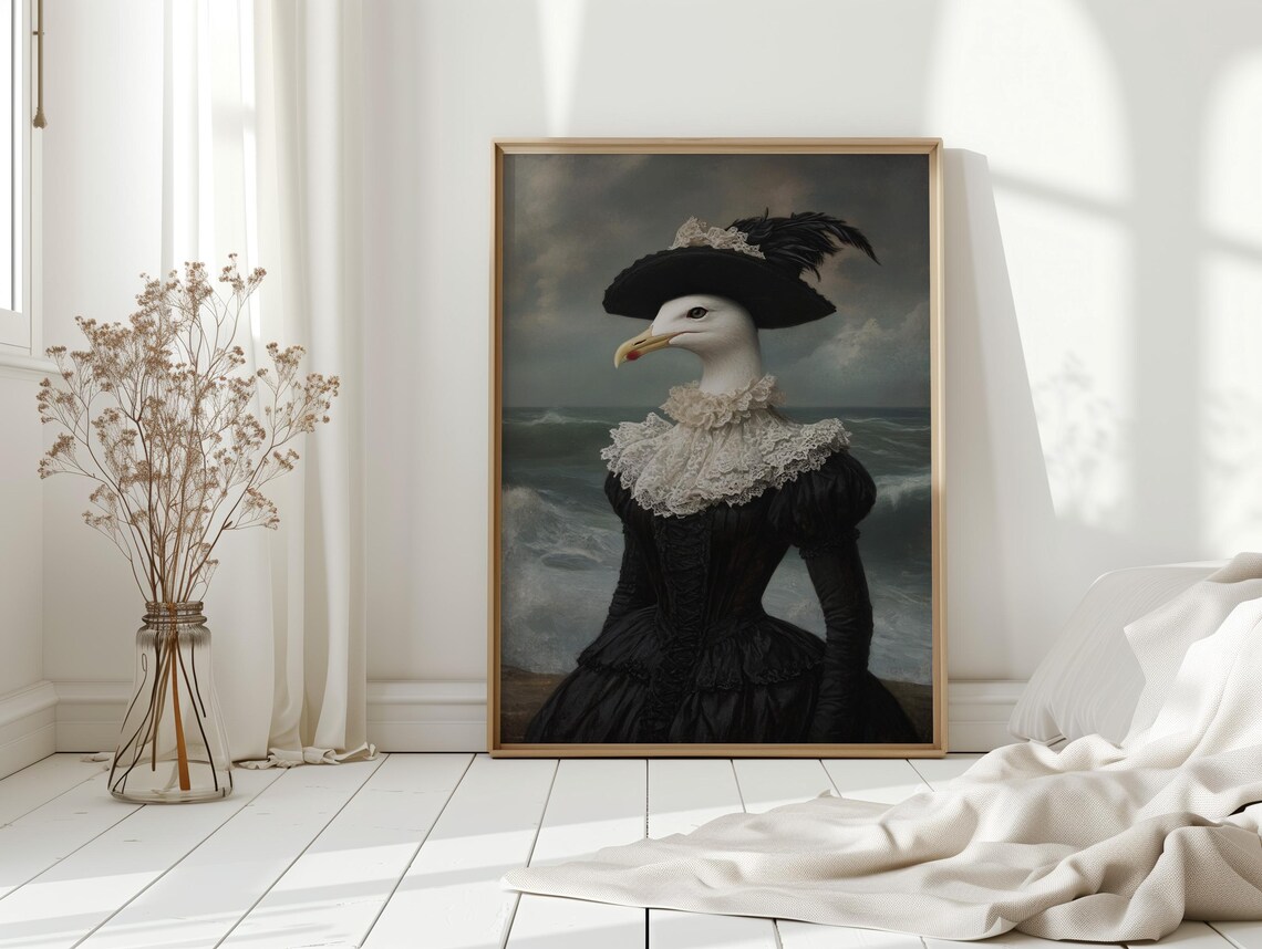 Seagull In Victorian Dress By The Sea Nautical Bird Portrait Poster