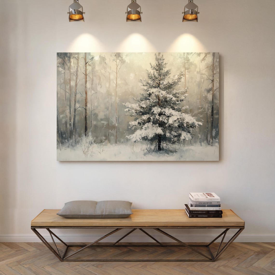 Snowy Pine Tree In Misty Gray Forest Peaceful Winter Wall Art - Image 6
