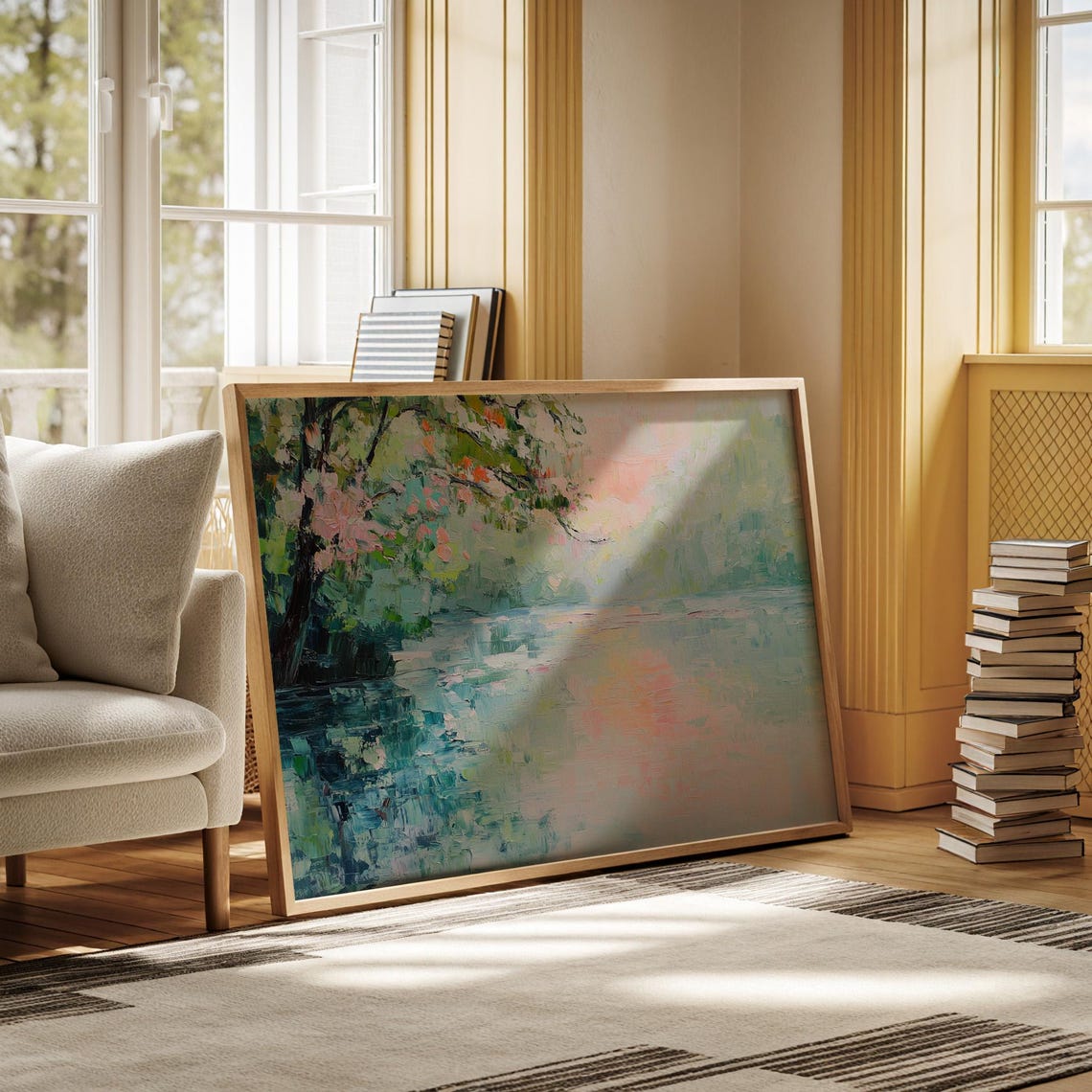 Impressionist Riverbank With Blossoming Tree Pastel Landscape Poster - Image 7