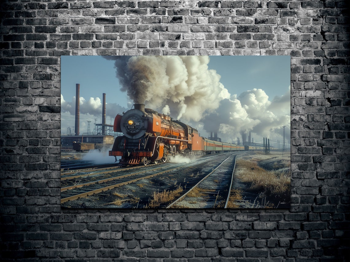 Orange Steam Locomotive Billowing Steam Vintage Train Poster - Image 2