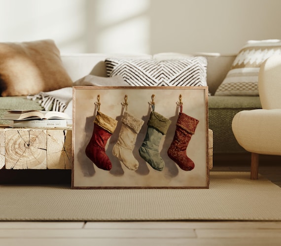 Vintage Christmas Stockings Hanging Rustic Holiday Art Poster