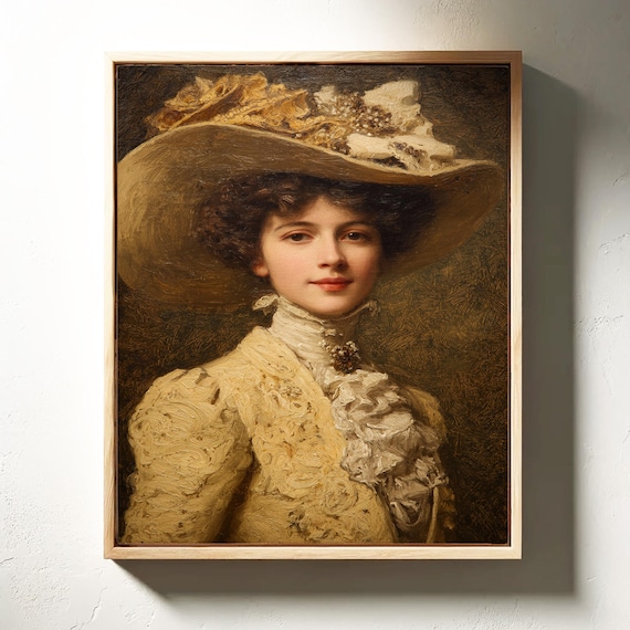 Elegant Lady in Wide Feathered Hat Vintage Oil Portrait Poster