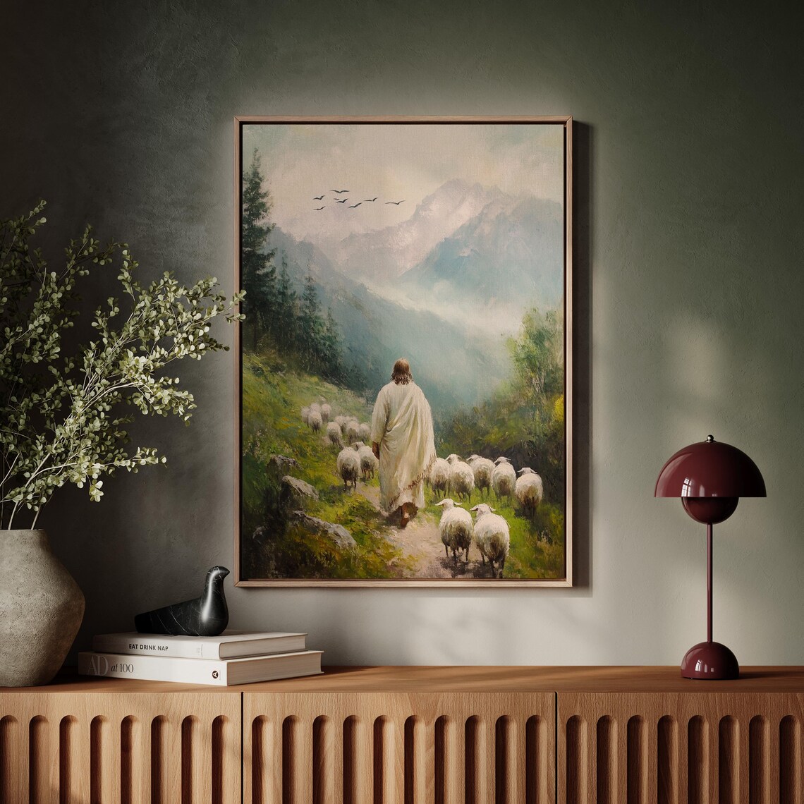 Jesus Leading Sheep Pastoral Mountain Valley Christian Art Print - Image 4