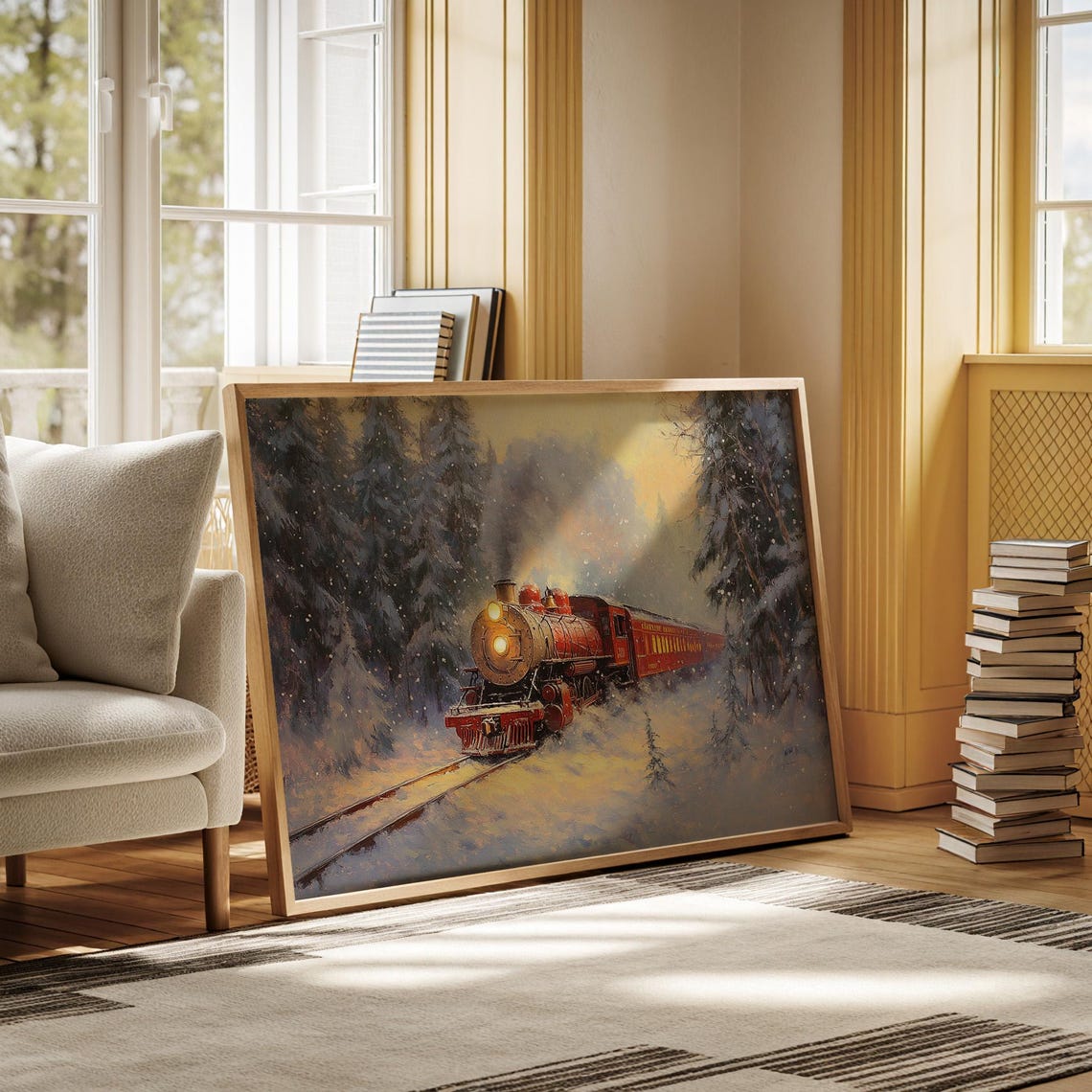 Red Steam Train In Snowy Forest Glowing Sunset Winter Wall Art