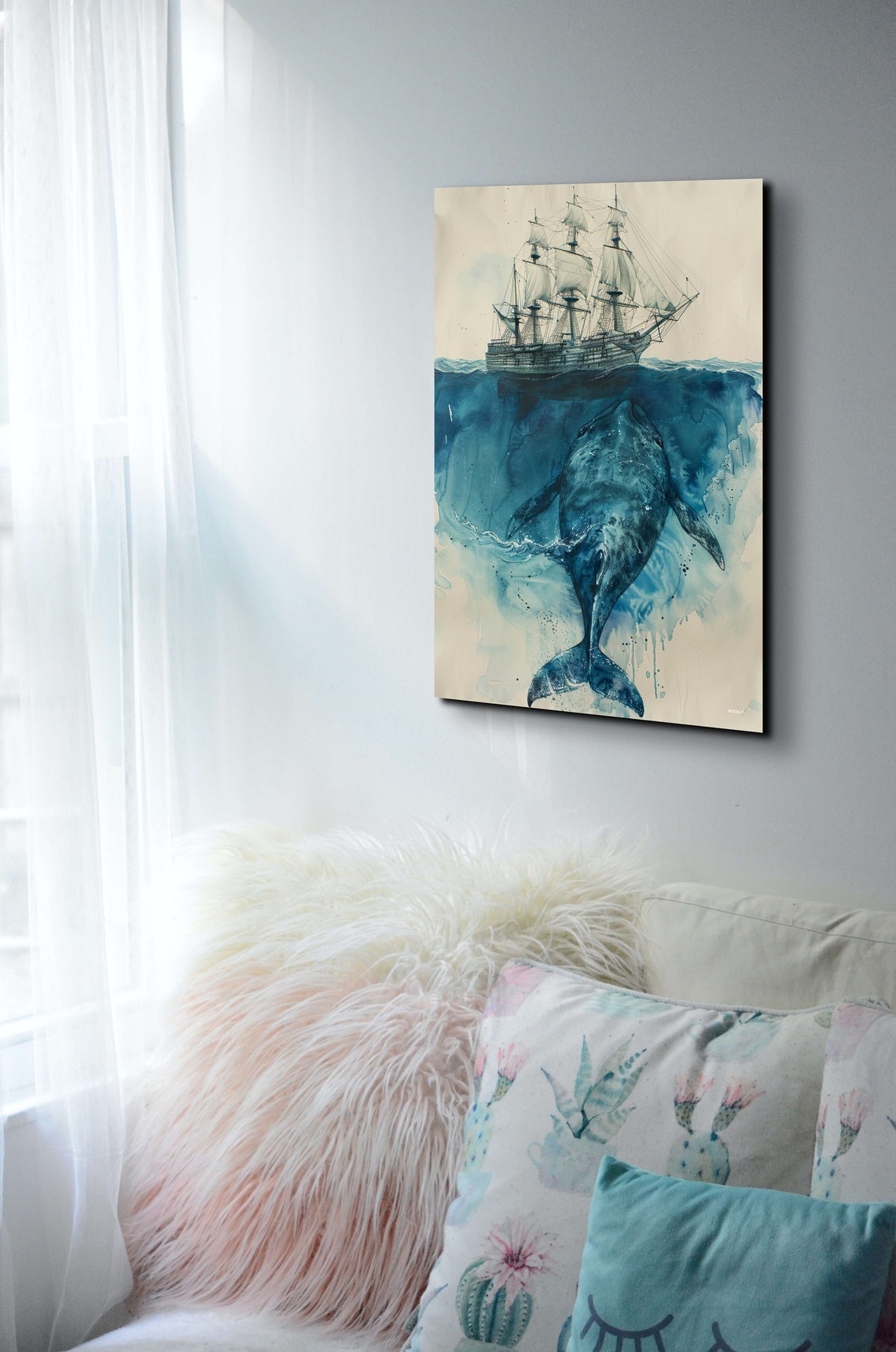 Whale Swimming Under Tall Ship Deep Blue Ocean Watercolor Poster - Image 5