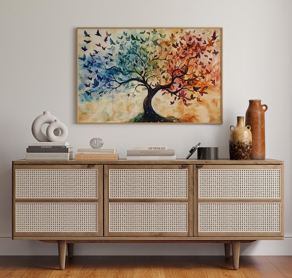 A Colorful Watercolor Tree Of Life With Flying Birds Art Poster