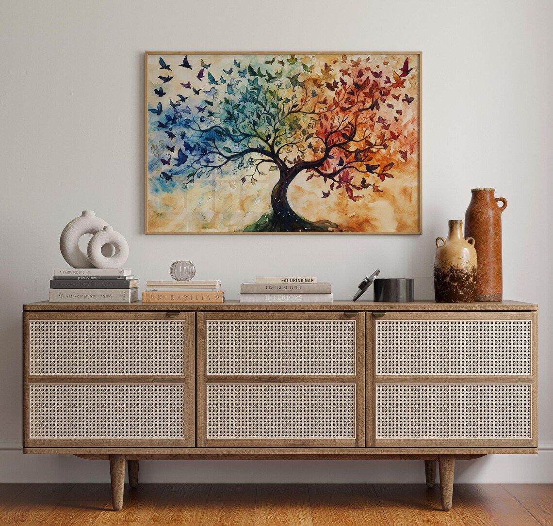 A Colorful Watercolor Tree Of Life With Flying Birds Art Poster