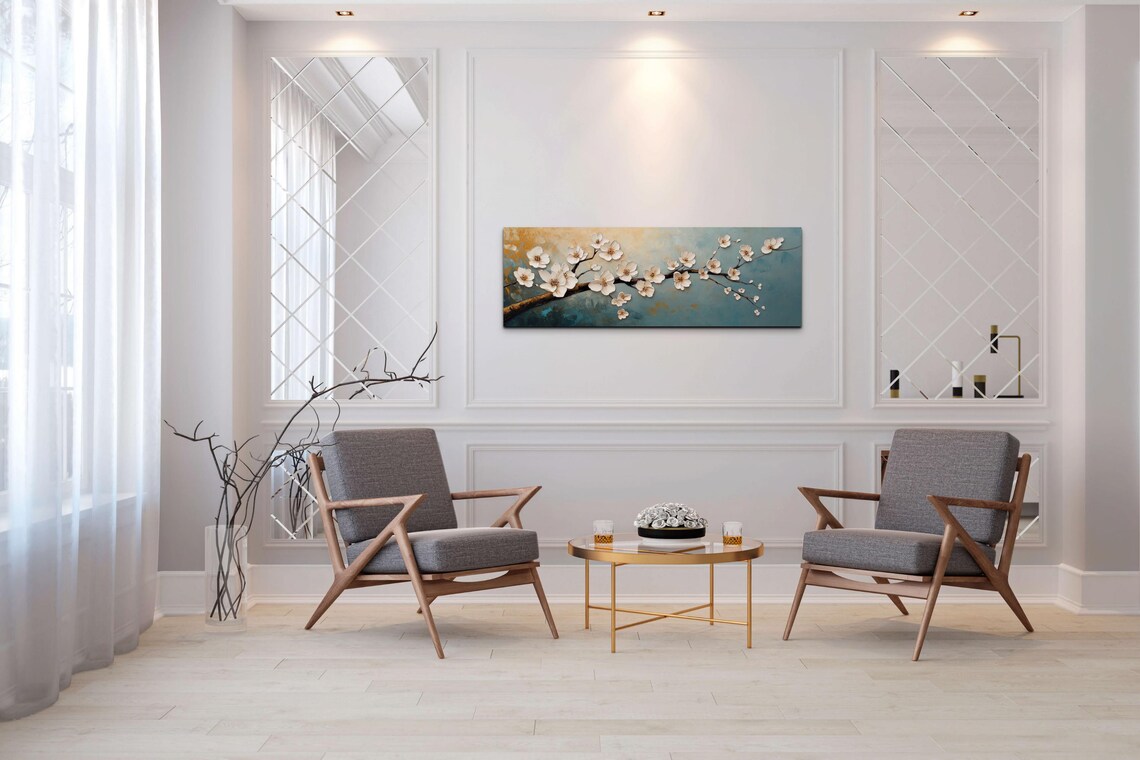 Golden Teal Cherry Blossom Branch Textured Panoramic Art Poster - Image 6