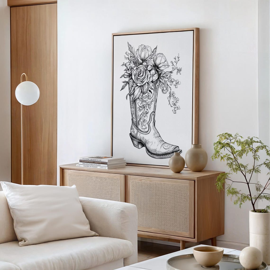 Cowboy Boot Filled With Roses And Tulips Black Ink Western Poster - Image 3