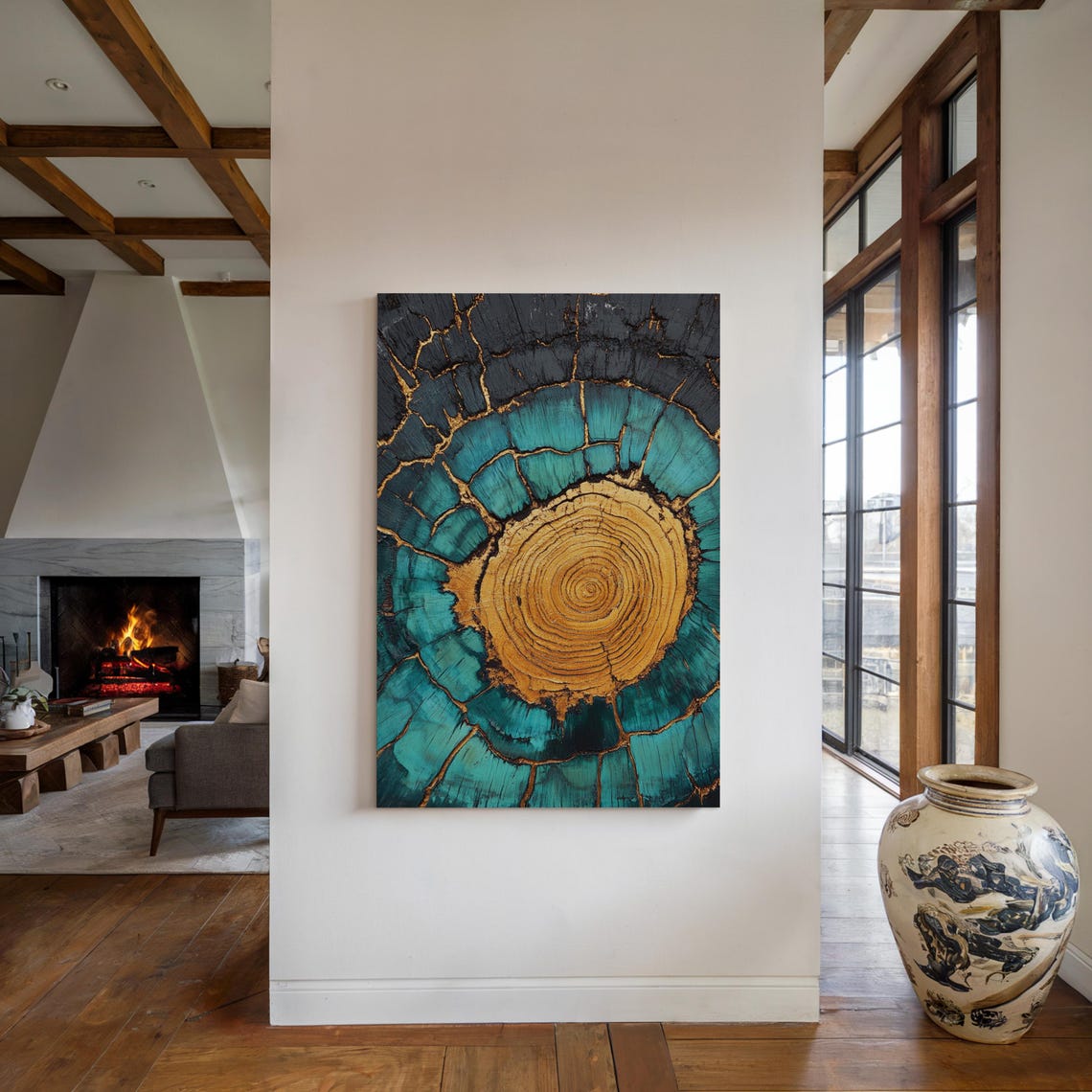 Teal Gold Kintsugi Style Tree Ring Abstract Botanical Wall Poster - Image 4