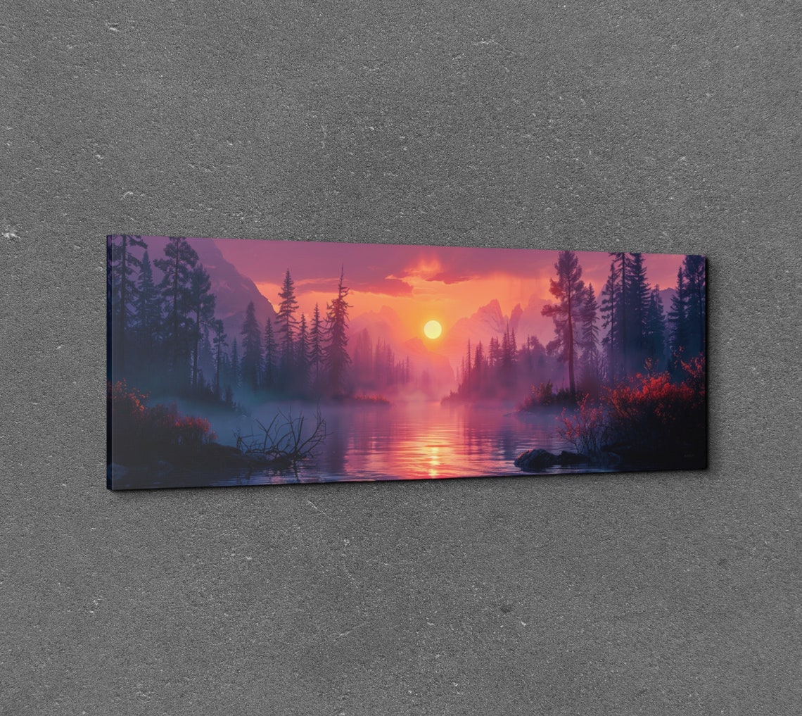 Mountain Lake Sunset Pine Trees Misty Orange Sky Panorama Wall Art - Image 7