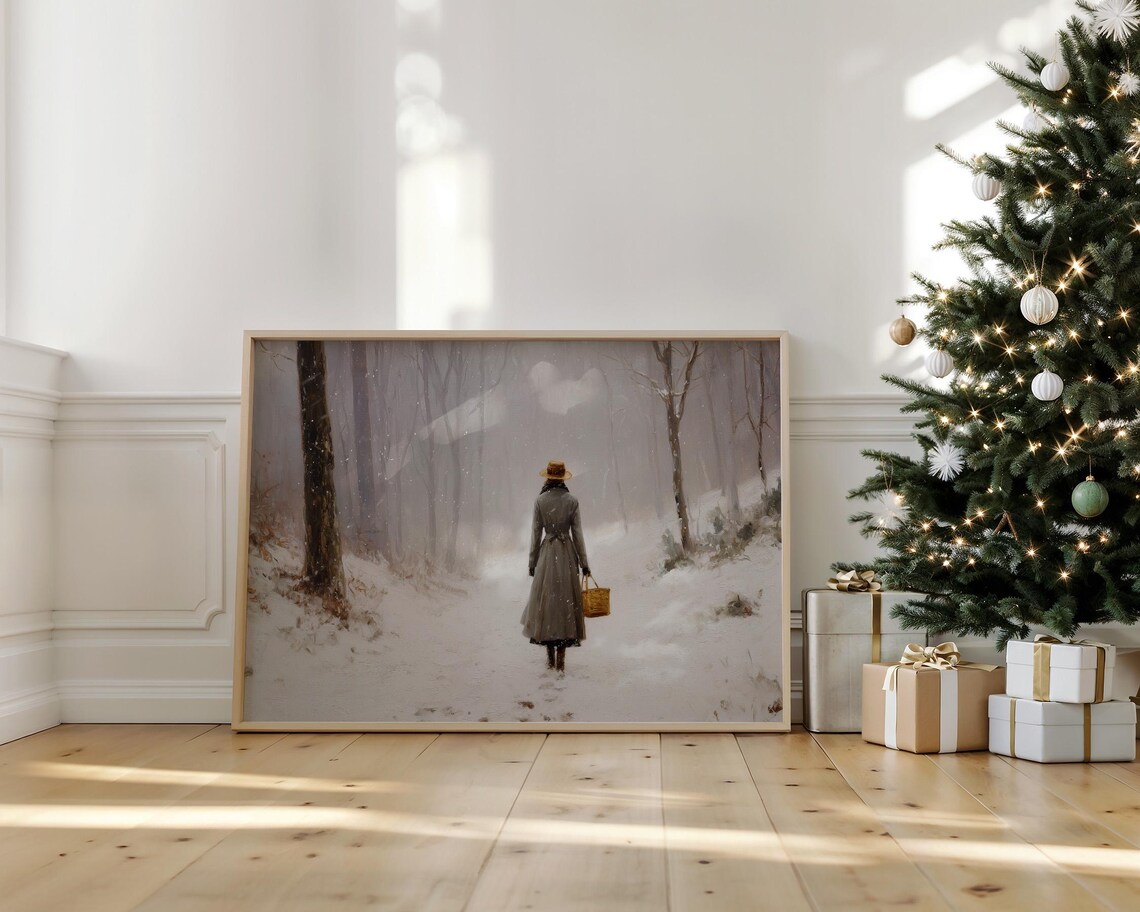 Vintage Winter Woman Walking In Snow, Art Print