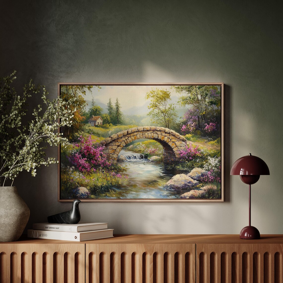Rustic Stone Bridge Over Serene Stream, Vintage Landscape