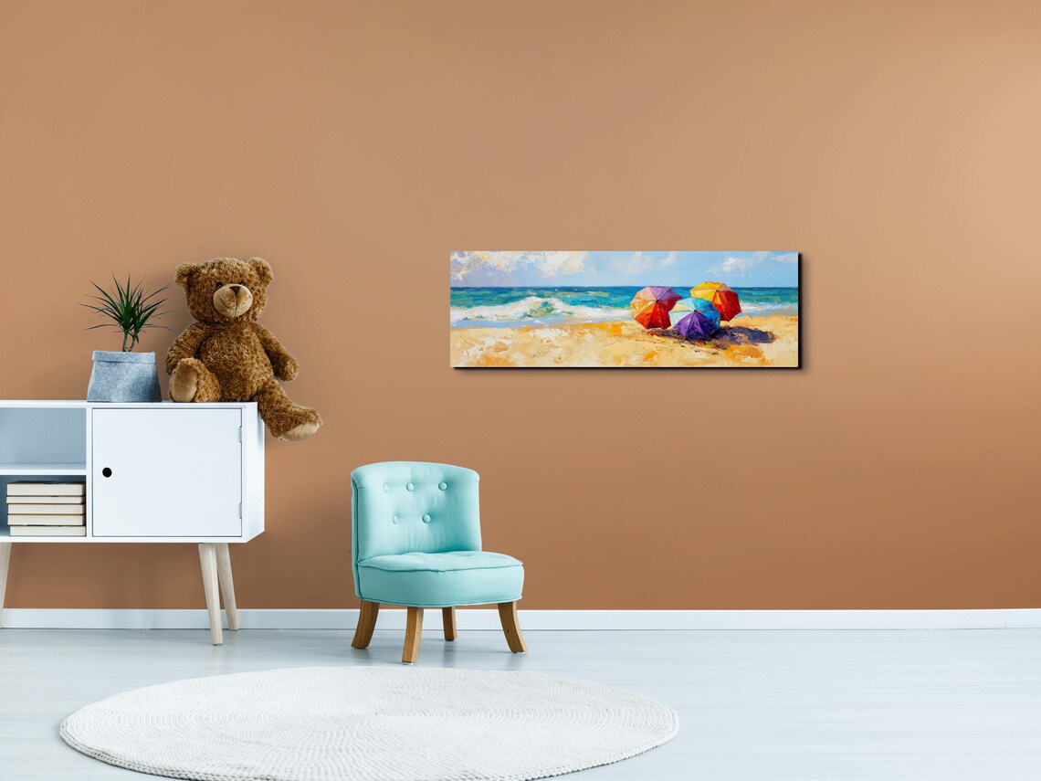 Beach Parasols Oil Painting, Panoramic Beach Scene - Image 6