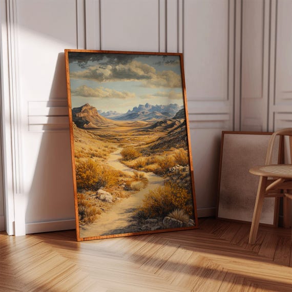 Desert Canyon Path Canvas Wall Art Vintage Landscape Painting Of Southwestern Mountains And Golden Wildflowers