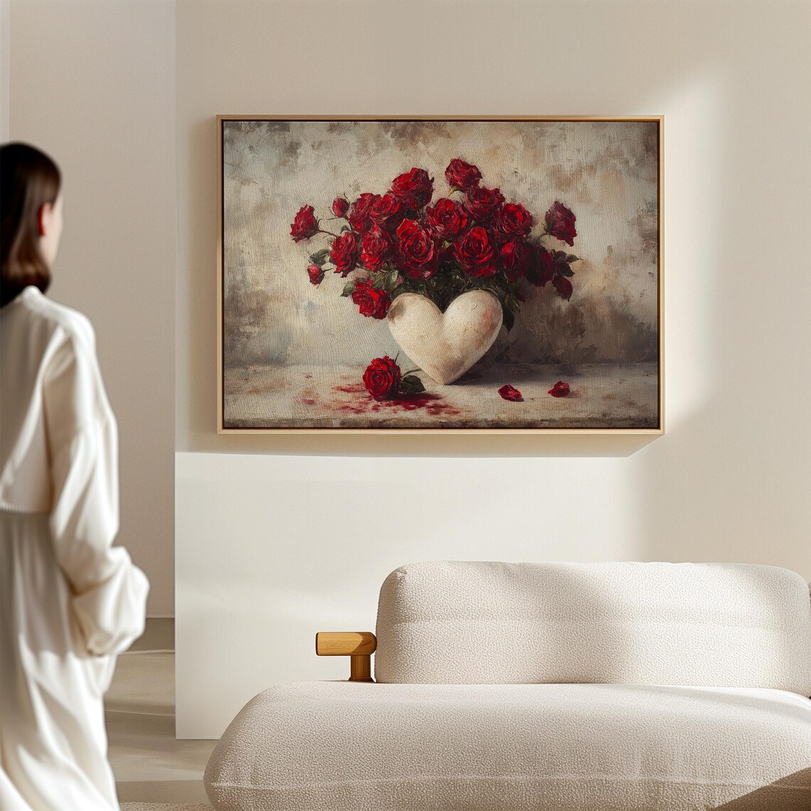 Red Roses In White Heart Vase Romantic Floral Oil Painting Poster - Image 4