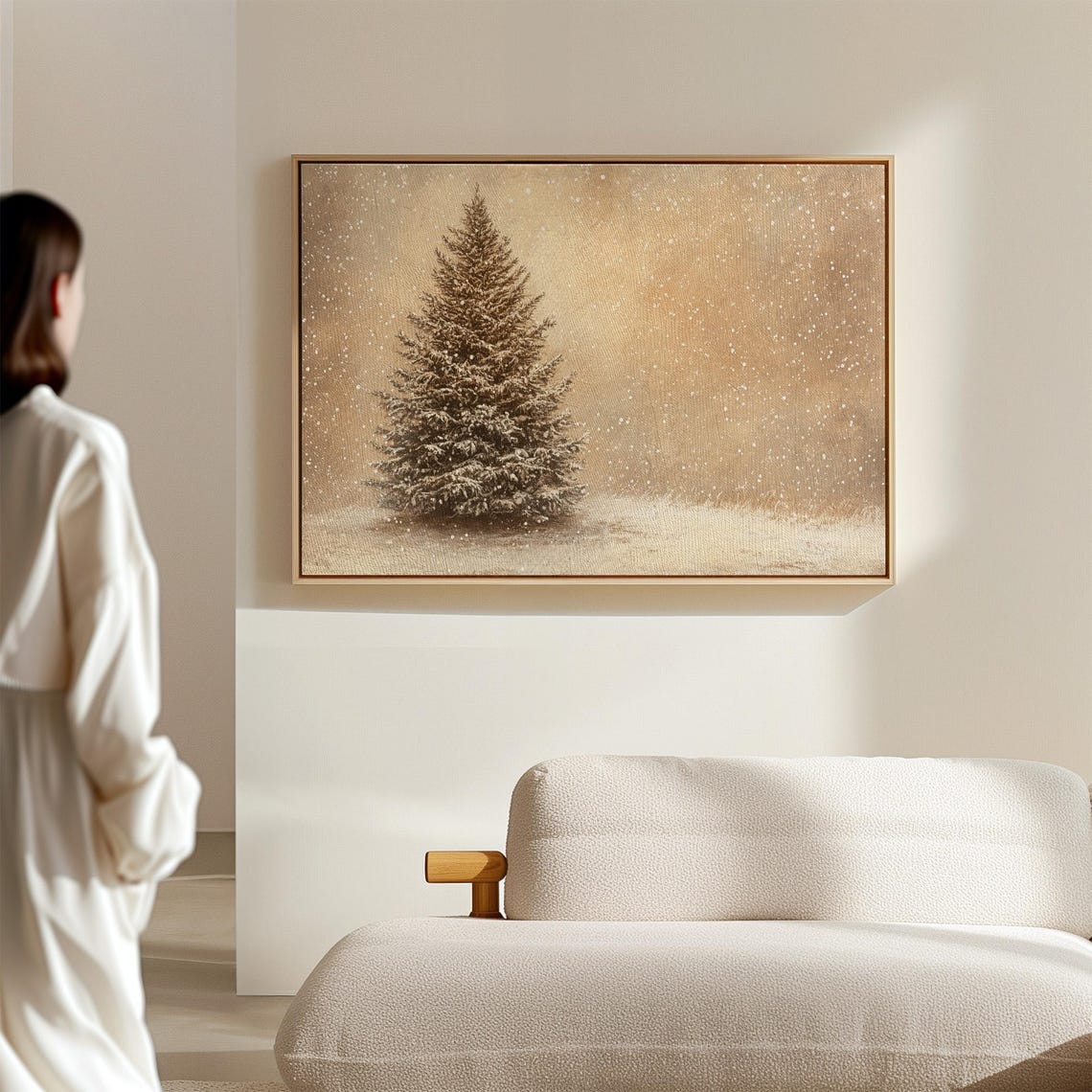 Lone Snowy Evergreen Tree In Snowstorm Sepia Minimal Winter Poster - Image 5