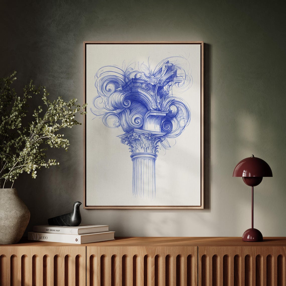 Abstract Corinthian Column Illustration Blue Architectural Wall Art