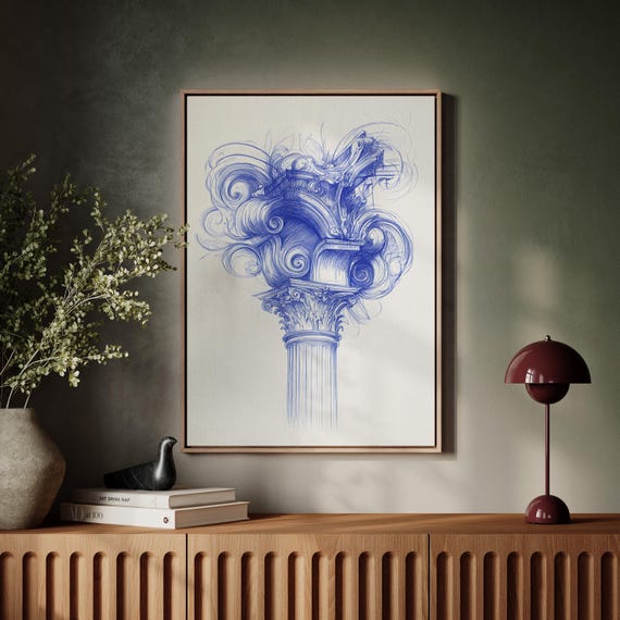 Abstract Corinthian Column Illustration Blue Architectural Wall Art