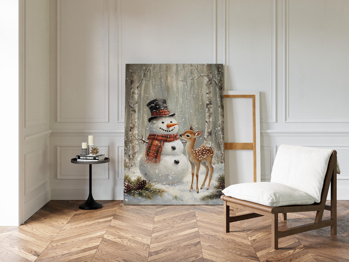 Snowman and Fawn Winter Scene Art Print, Holiday Decor - Image 2