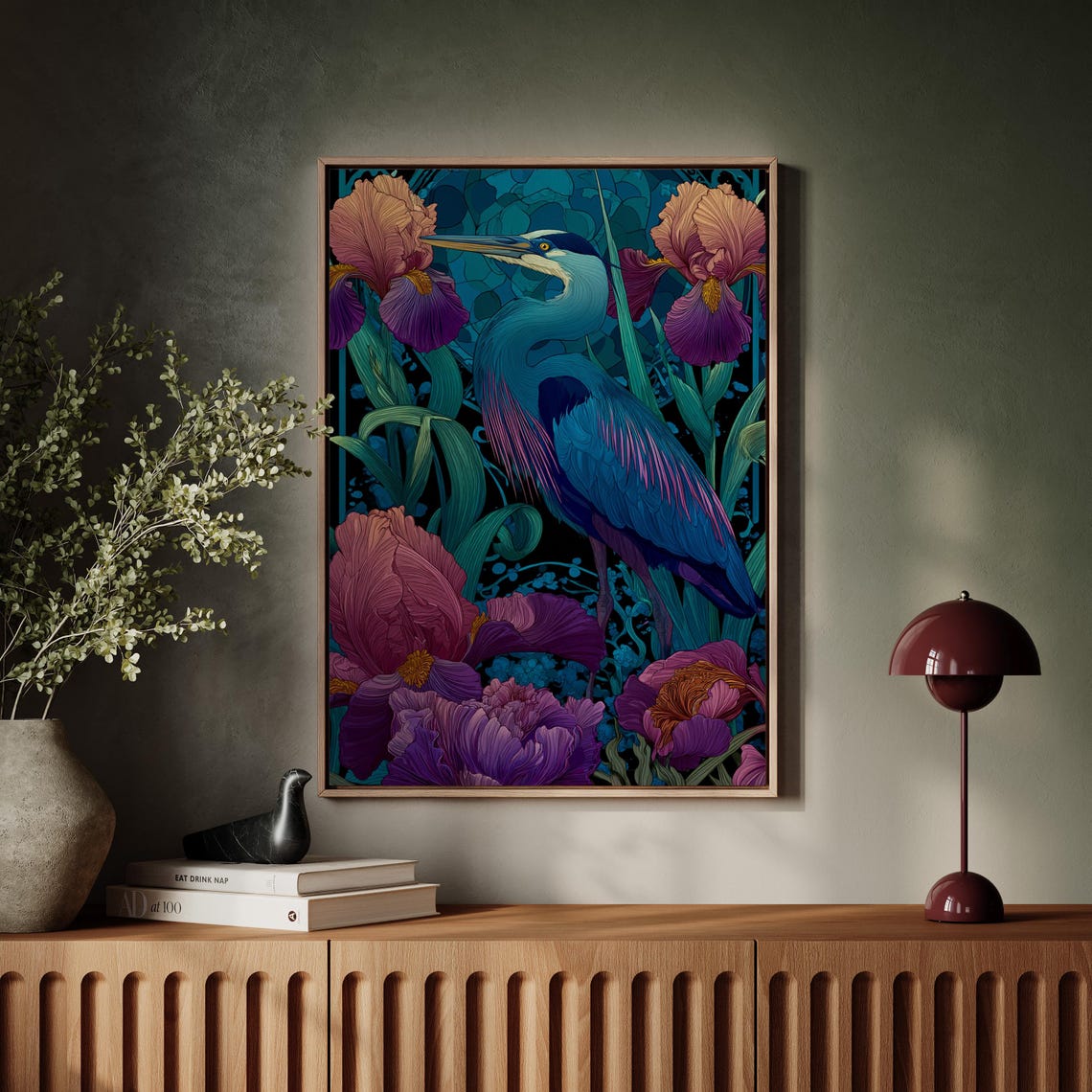 Blue Heron Iris Flowers Art Nouveau Jewel Tone Nature Wall Poster