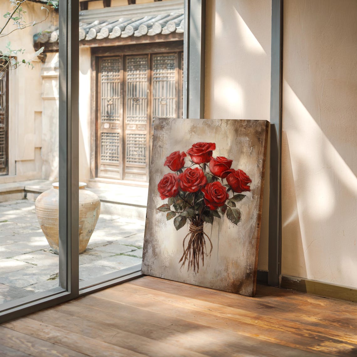 Red Rose Bouquet Tied With Twine Rustic Vintage Floral Art Print - Image 5