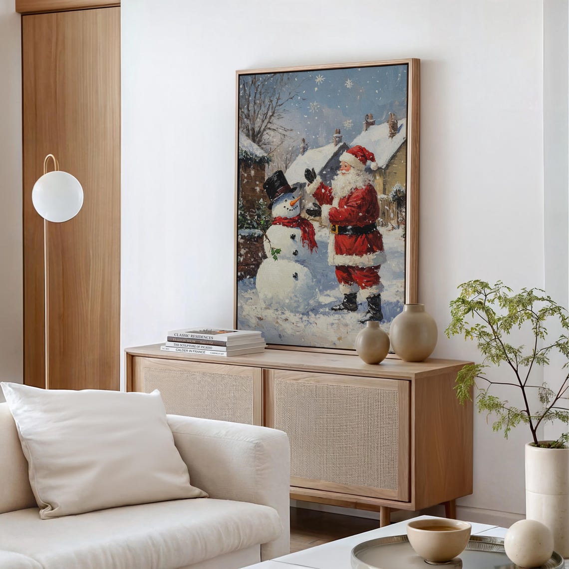 Vintage Santa Claus And Snowman Oil Painting Christmas Holiday Wall Art Cozy Winter Wonderland Scene For Festive Home Decor - Image 6