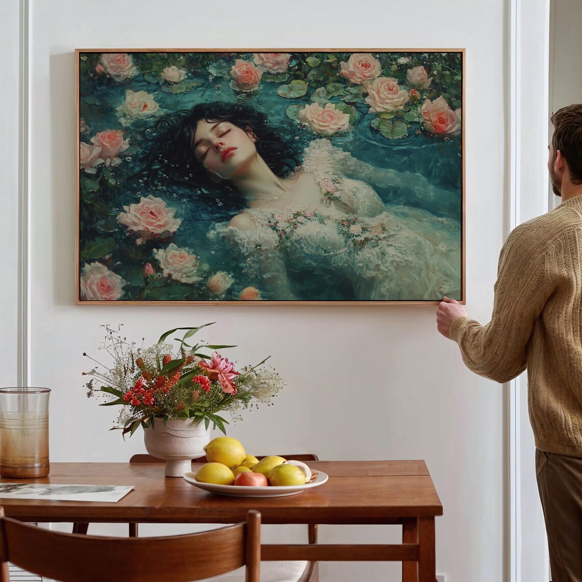 Floating Woman with Roses Dreamy Teal Floral Vintage Art Print - Image 4