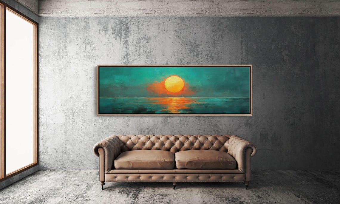Bold Teal Abstract Sunset Ocean Large Orange Sun Modern Art Poster - Image 3