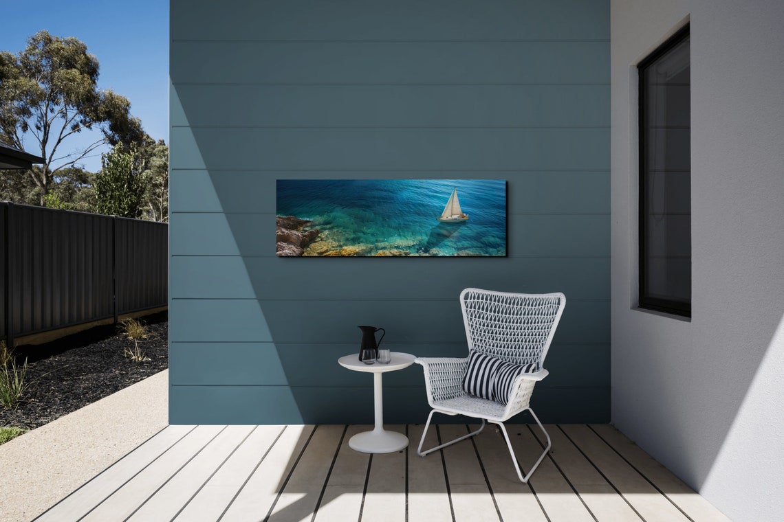 Sailboat on Crystal Clear Turquoise Sea Rocky Coast Aerial Art Poster - Image 5