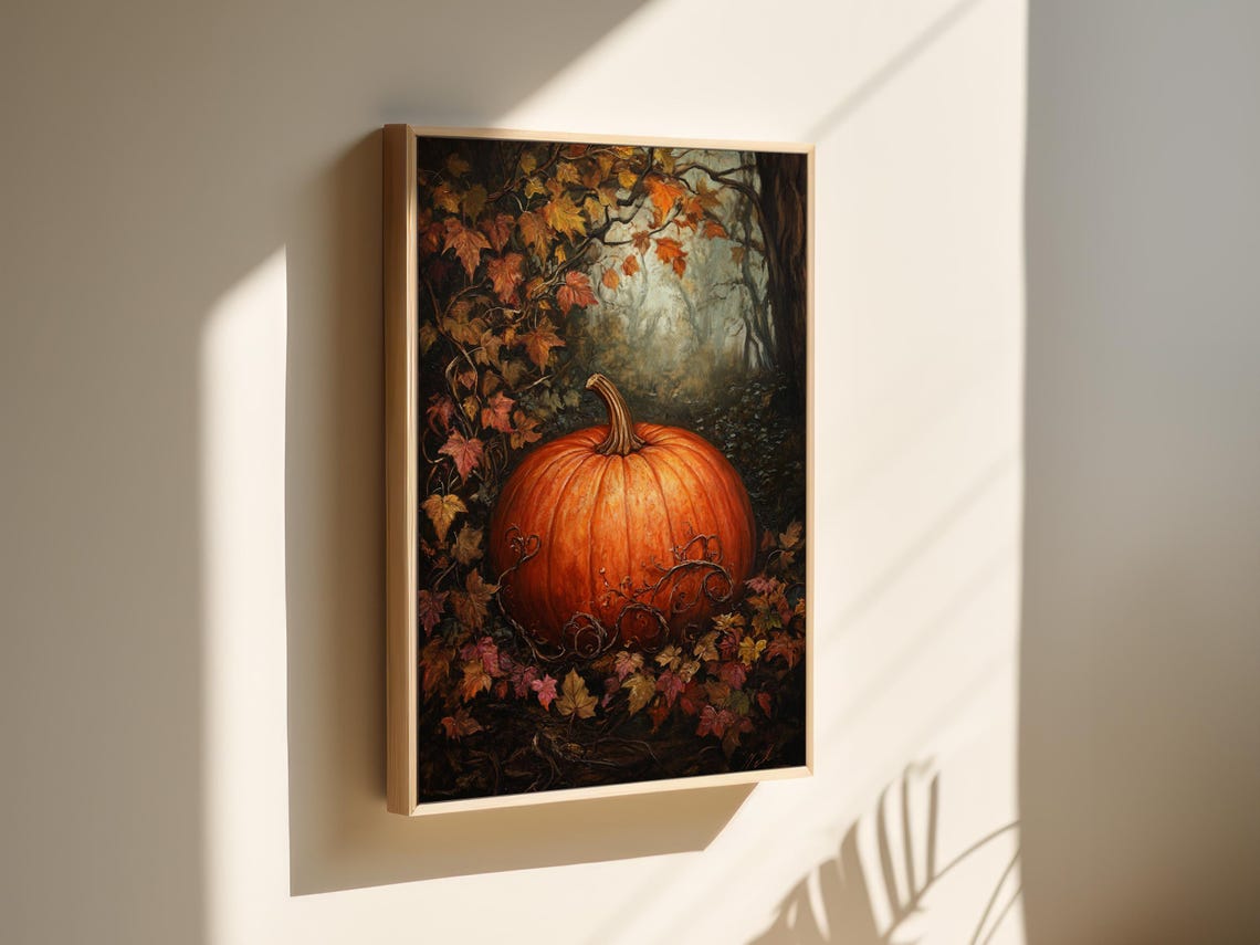 Orange Pumpkin In Dark Autumn Forest Fall Foliage Rustic Wall Art