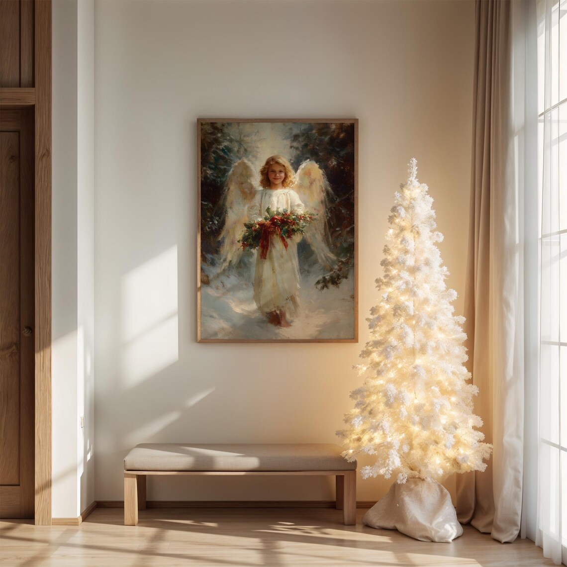 Christmas Angel Child Holding Holly Wreath in Snowy Woods Poster