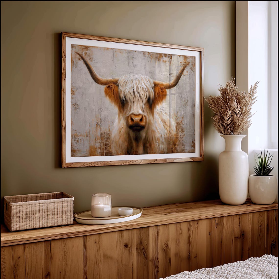 Highland Cow Front Portrait Shaggy White Rustic Textured Wall Art