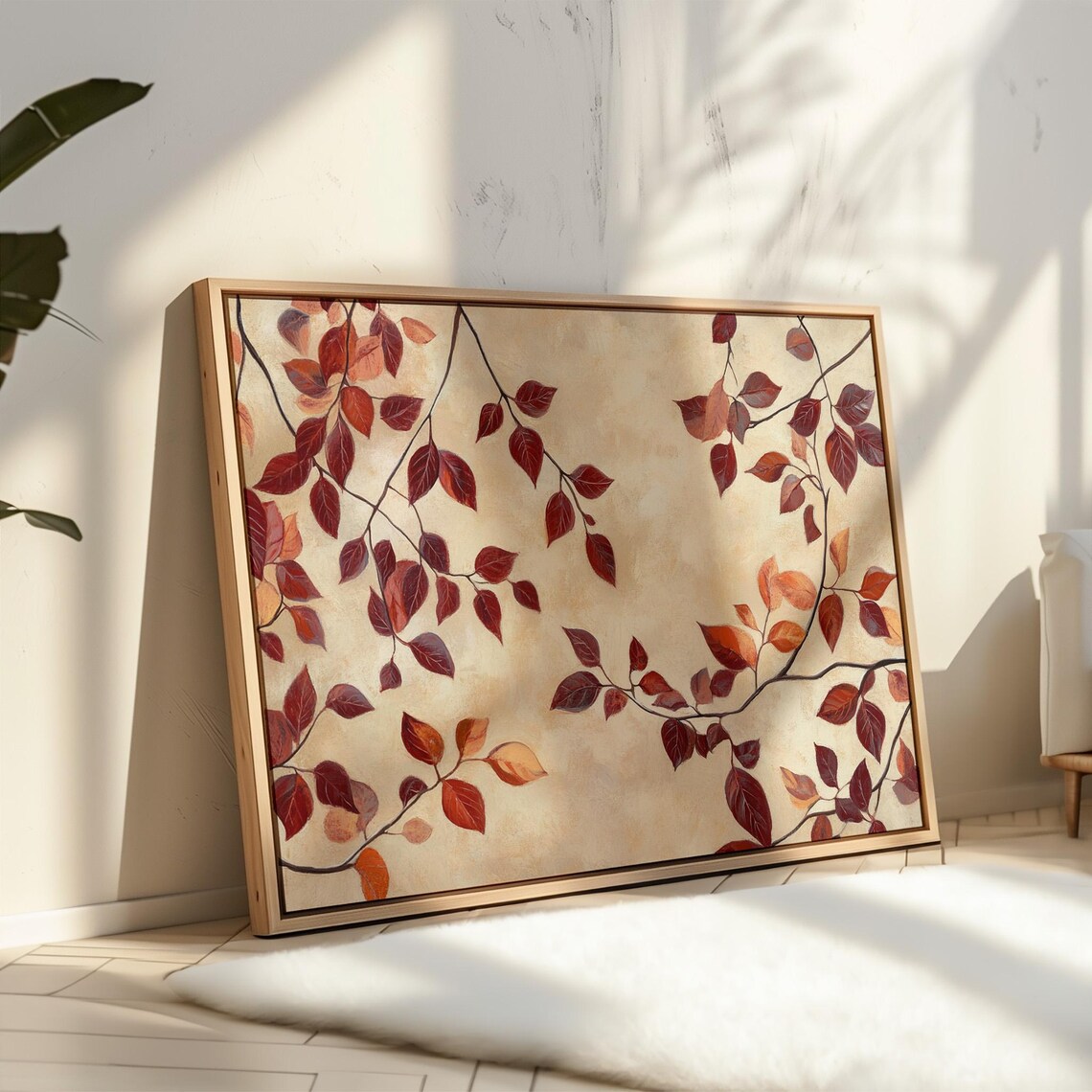 Burgundy And Orange Autumn Leaves On Cream Textured Botanical Poster - Image 5