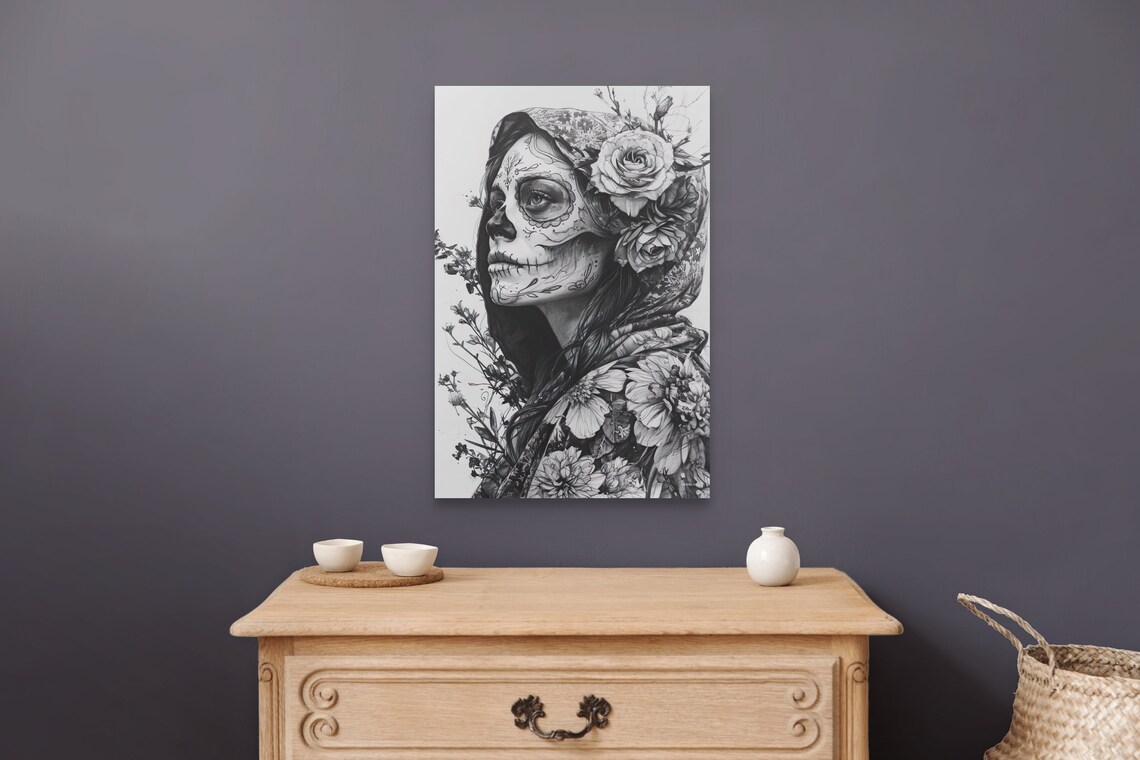 La Catrina Day Of The Dead Sugar Skull Roses Portrait Wall Art - Image 5