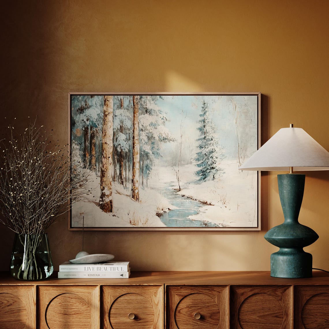 Snowy Birch Forest Stream Winter Wonderland Landscape Wall Art - Image 4