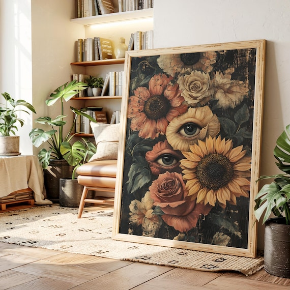 Surreal Floral Eyes Vintage Dark Botanical Sunflower And Rose Poster