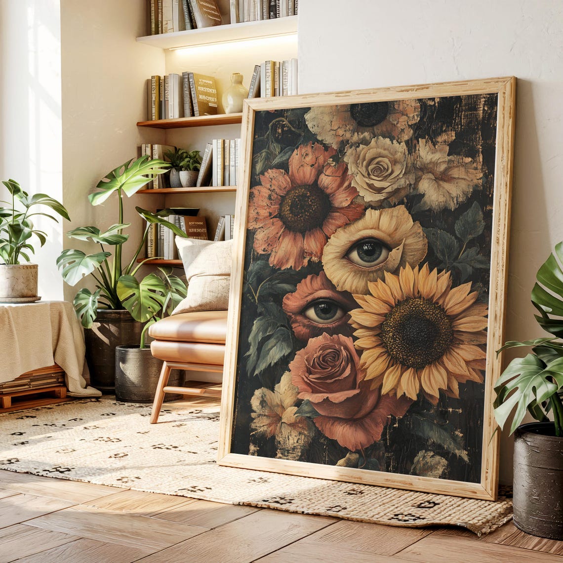 Surreal Floral Eyes Vintage Dark Botanical Sunflower And Rose Poster