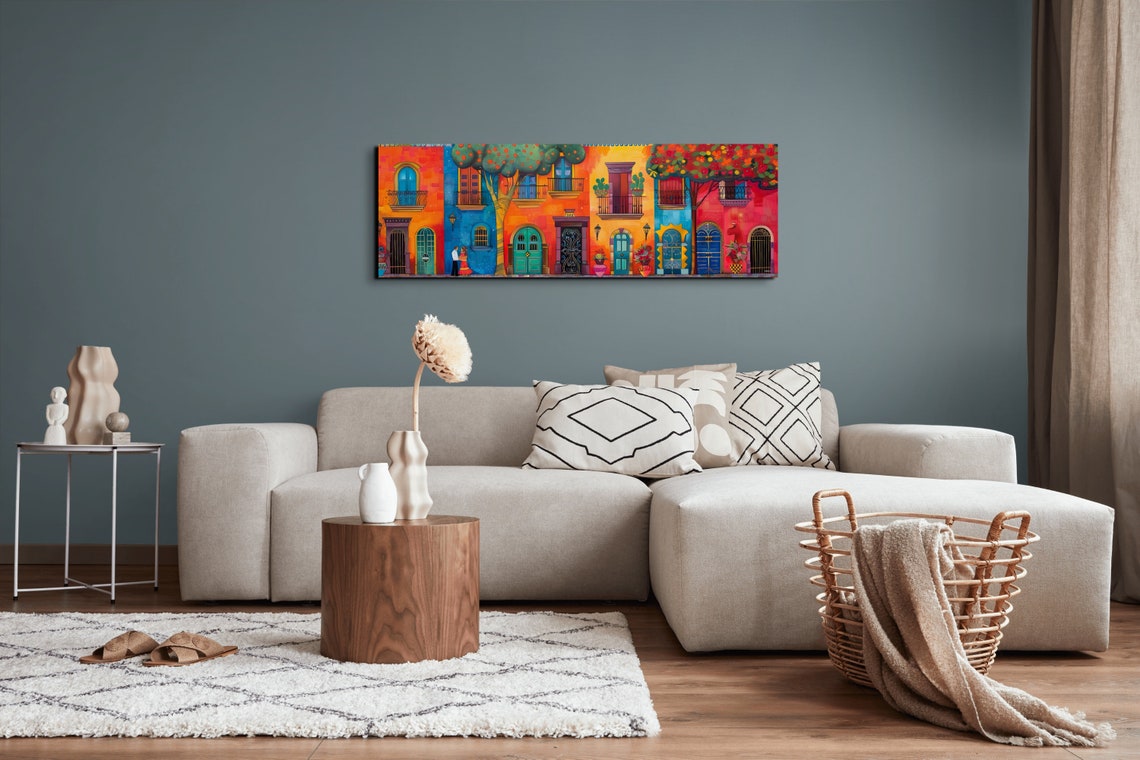 Colorful Mexican Street Scene With Couple Panoramic Folk Poster - Image 7