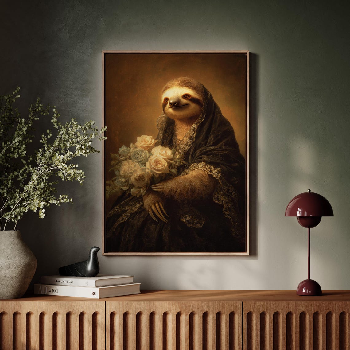 Victorian Sloth Lady with Cream Roses in Dark Lace Gown Art Poster